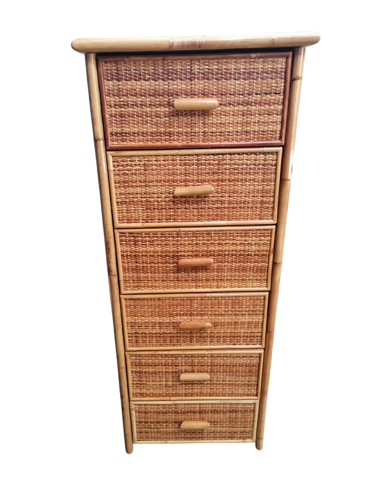 Cassettiera in canna, bambù e vimini, anni '70 11