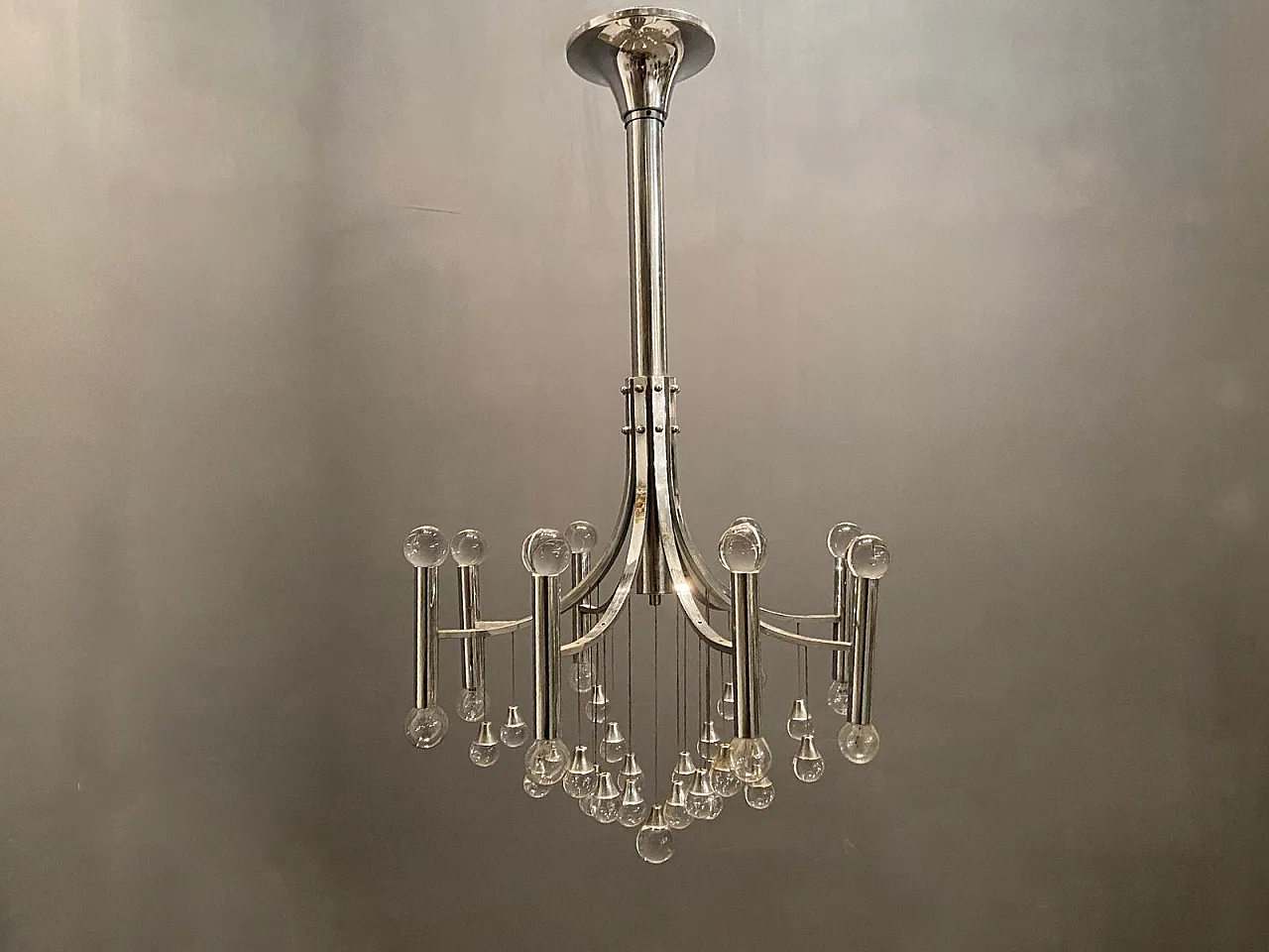 Lampadario Mid-Century in cristallo e metallo cromato di Gaetano Sciolari, anni '70 4