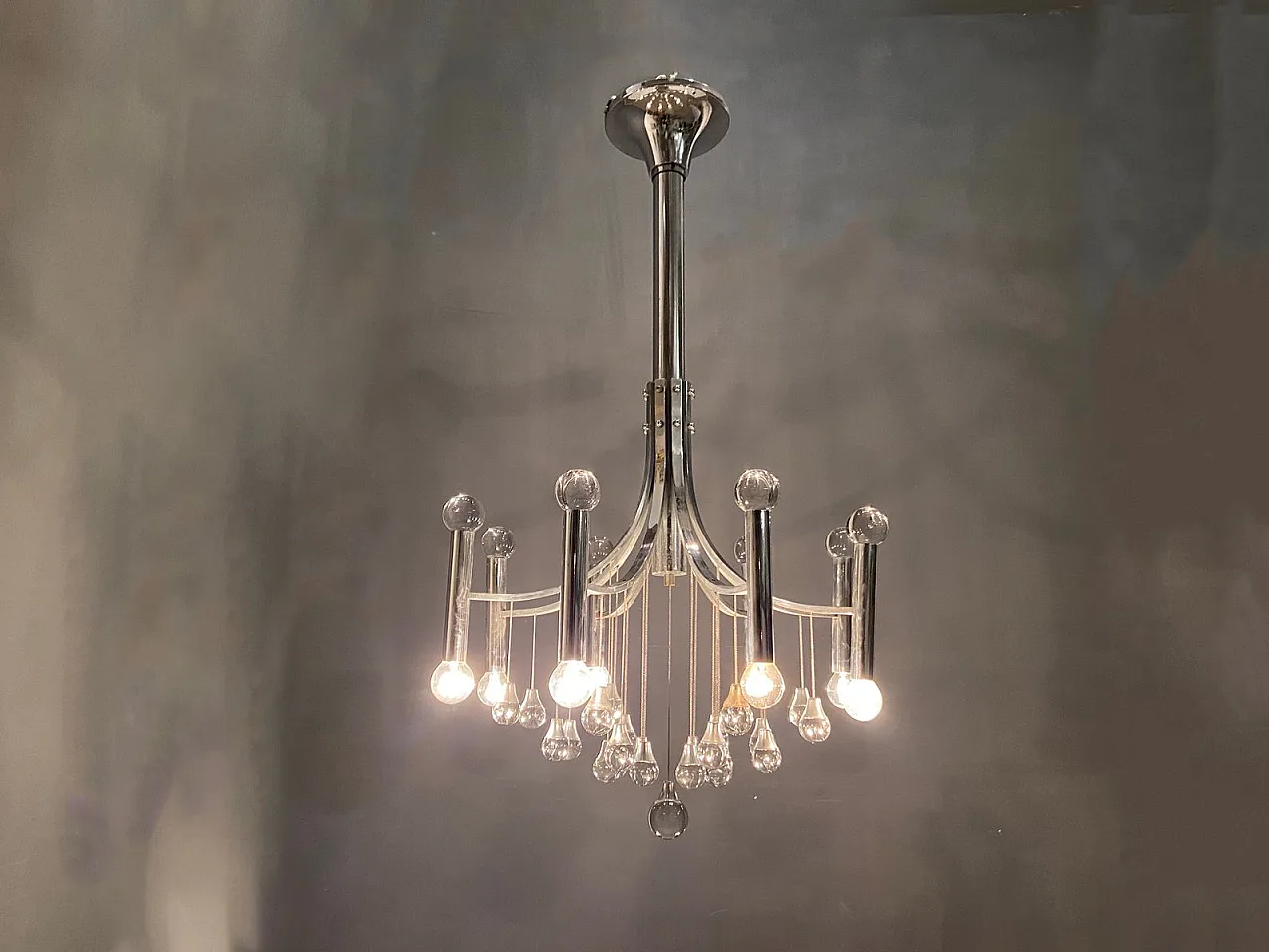 Lampadario Mid-Century in cristallo e metallo cromato di Gaetano Sciolari, anni '70 6