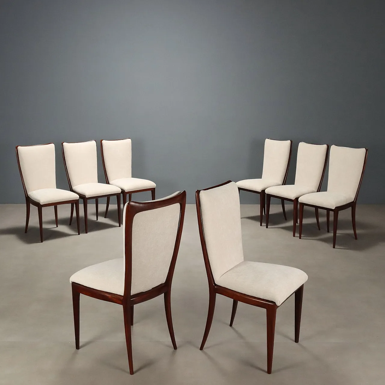 8 Sedie da pranzo in legno di faggio tinto e tessuto, '900 1