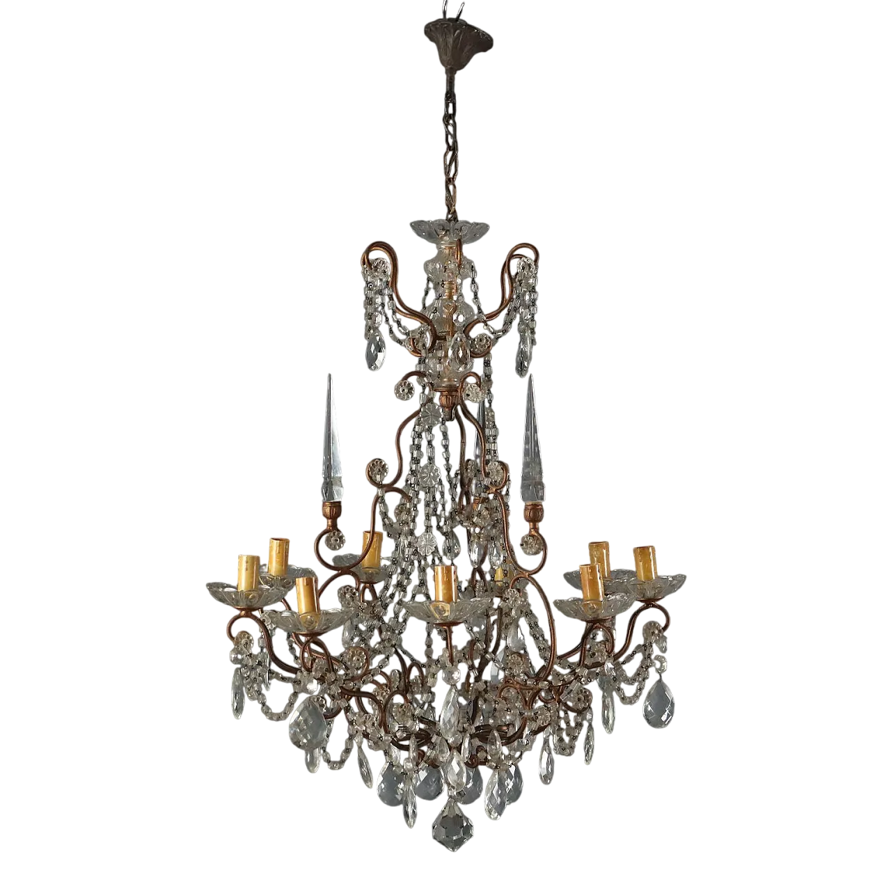 Lampadario a nove luci in ferro dorato e vetro, fine '800 11