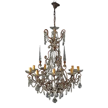 Lampadario a nove luci in ferro dorato e vetro, fine '800