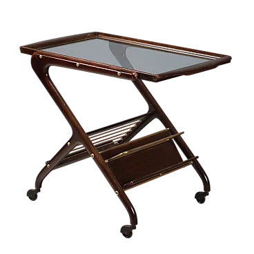 Carrello da cucina in faggio tinto, piano in vetro e ruote, '900