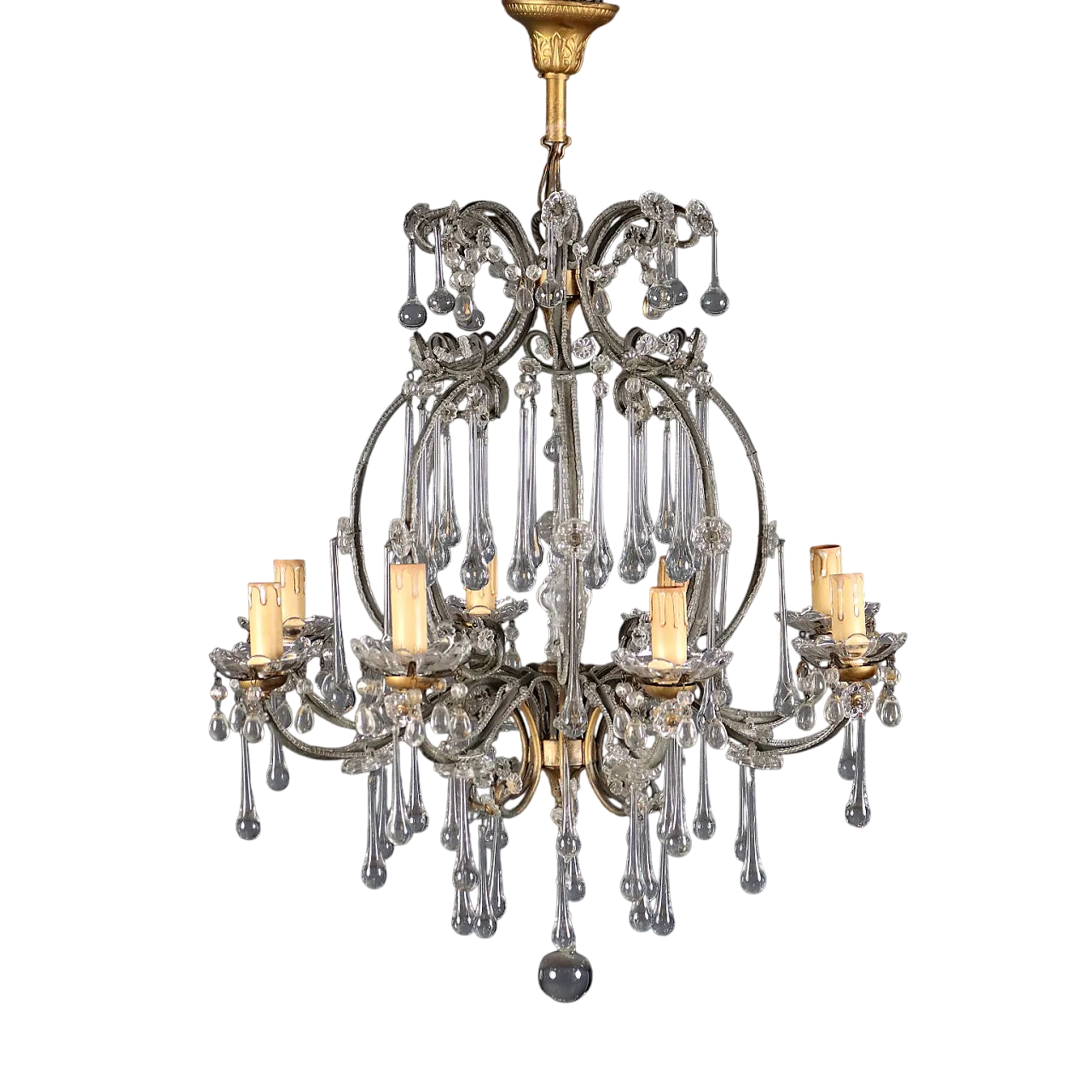 Lampadario in metallo e lamiera lavorata e collane in vetro, '800 10