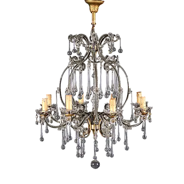 Lampadario in metallo e lamiera lavorata e collane in vetro, '800