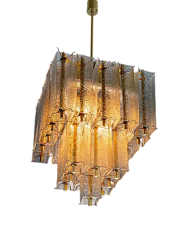 Lampadario in ottone e vetro ghiacciato strutturato, anni '50