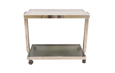 Carrello bar in metallo cromato con piani in vetro fumé, anni '70