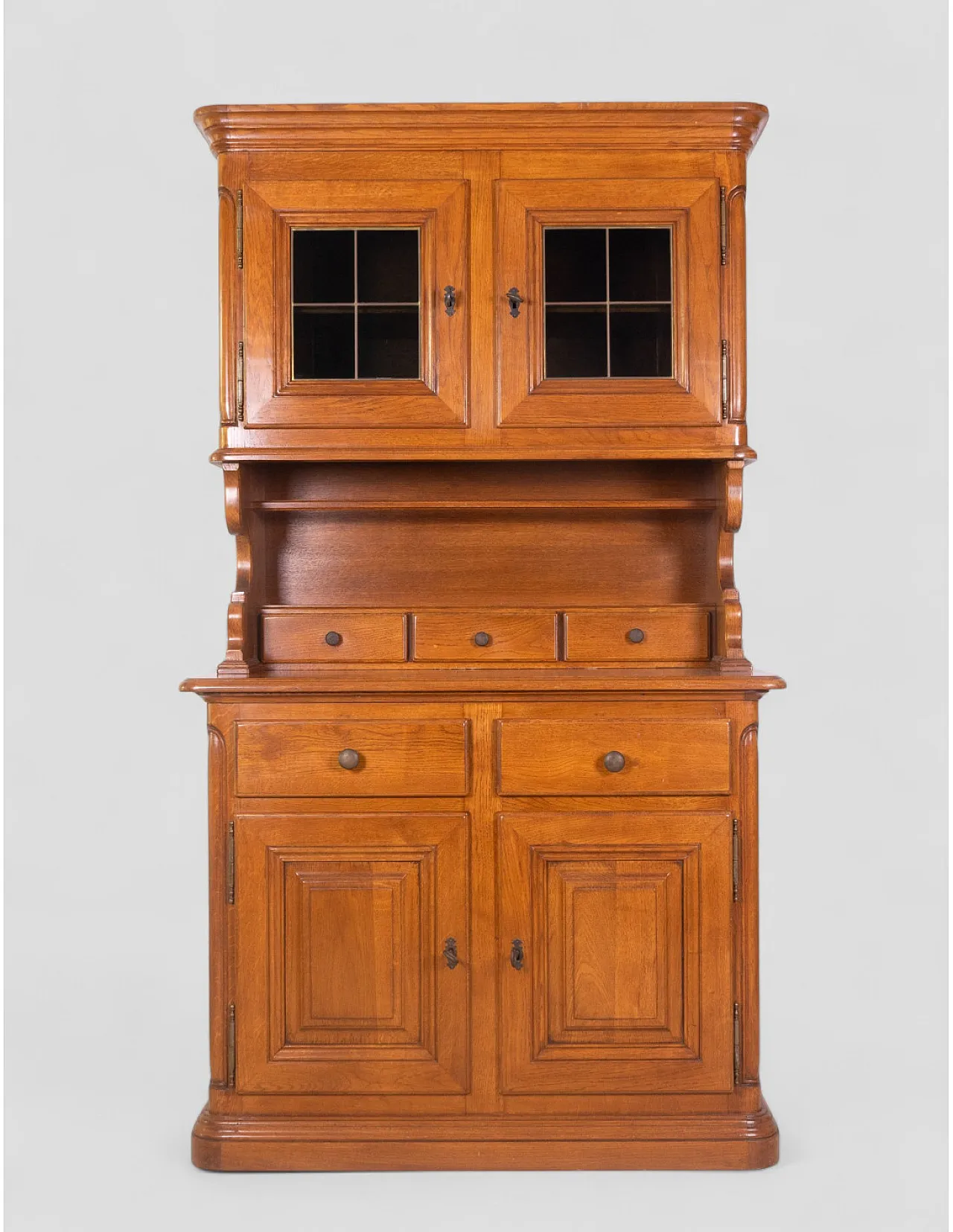 Credenza in legno massello con vetrina superiore e cassetti, '900 1