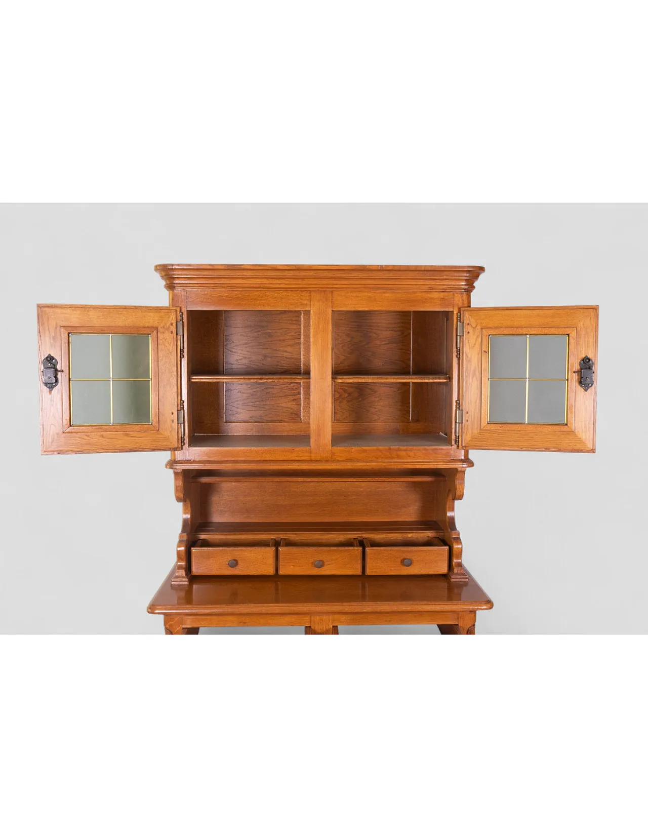 Credenza in legno massello con vetrina superiore e cassetti, '900 5