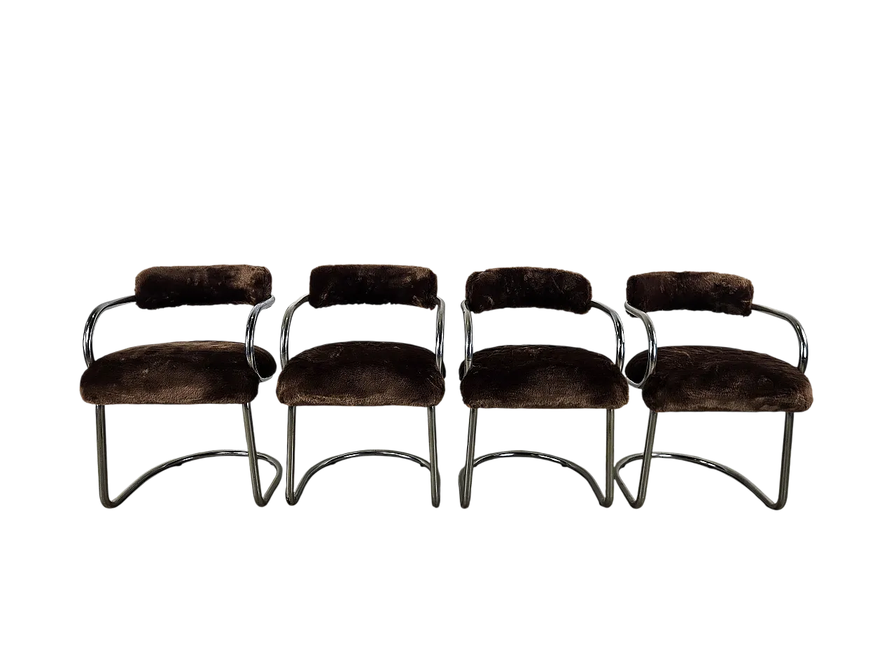 4 sedie in metallo tubolare e pelo marrone, anni '70 18