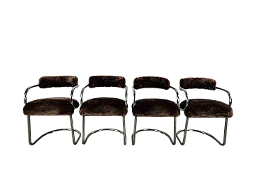 4 sedie in metallo tubolare e pelo marrone, anni '70