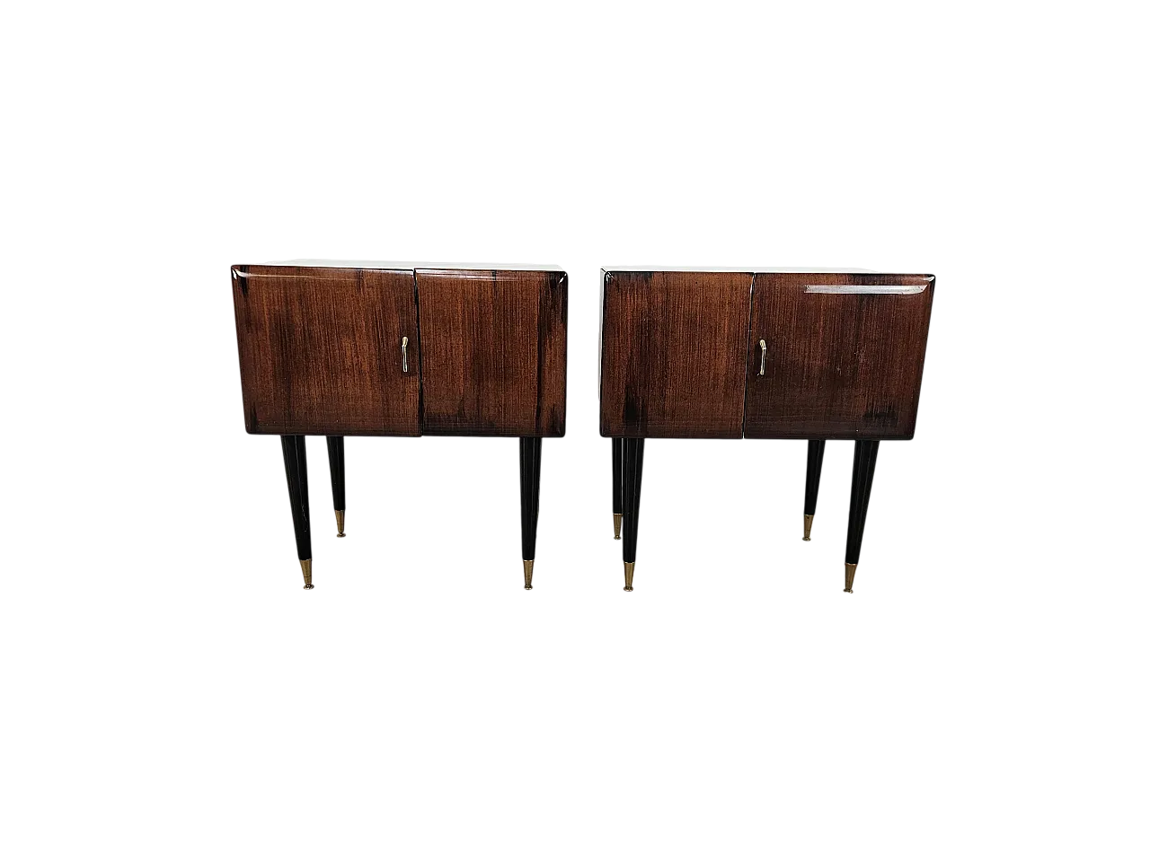 Coppia di comodini in radica di mogano con piano in vetro, anni '60 18