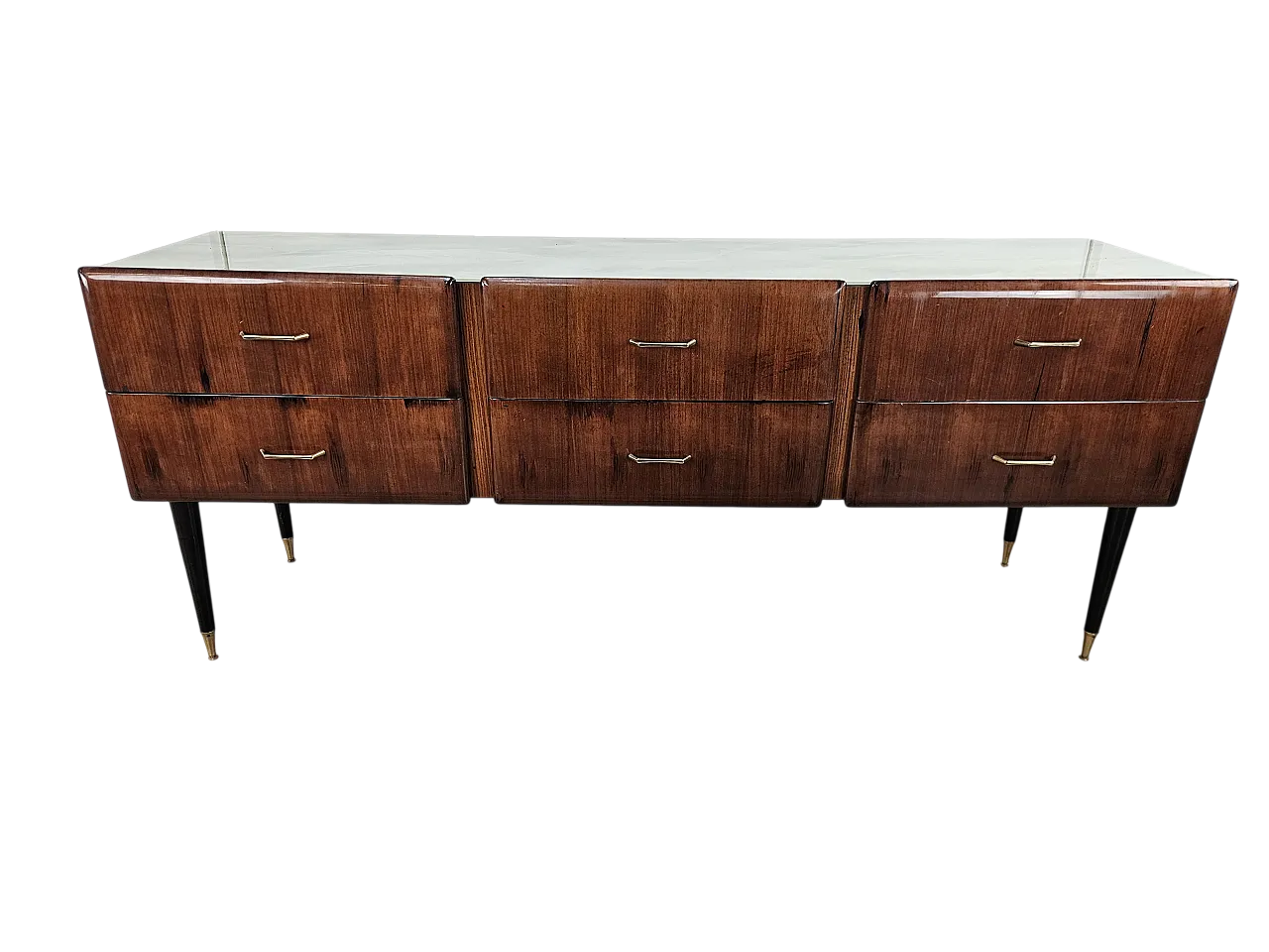 Comò sei cassetti in radica di mogano con piano in vetro, 1960 23