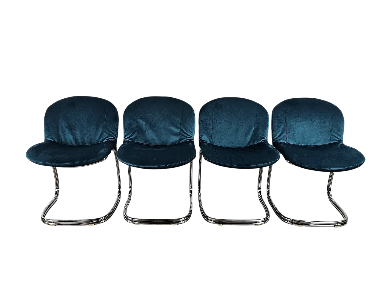 4 sedie in tubolare rivestite in velluto azzurro, anni '70 17