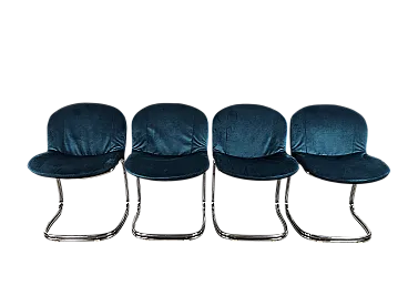 4 sedie in tubolare rivestite in velluto azzurro, anni '70
