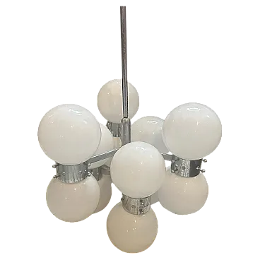 Space Age steel and opaline glass 10 lights chandelier, 1960s