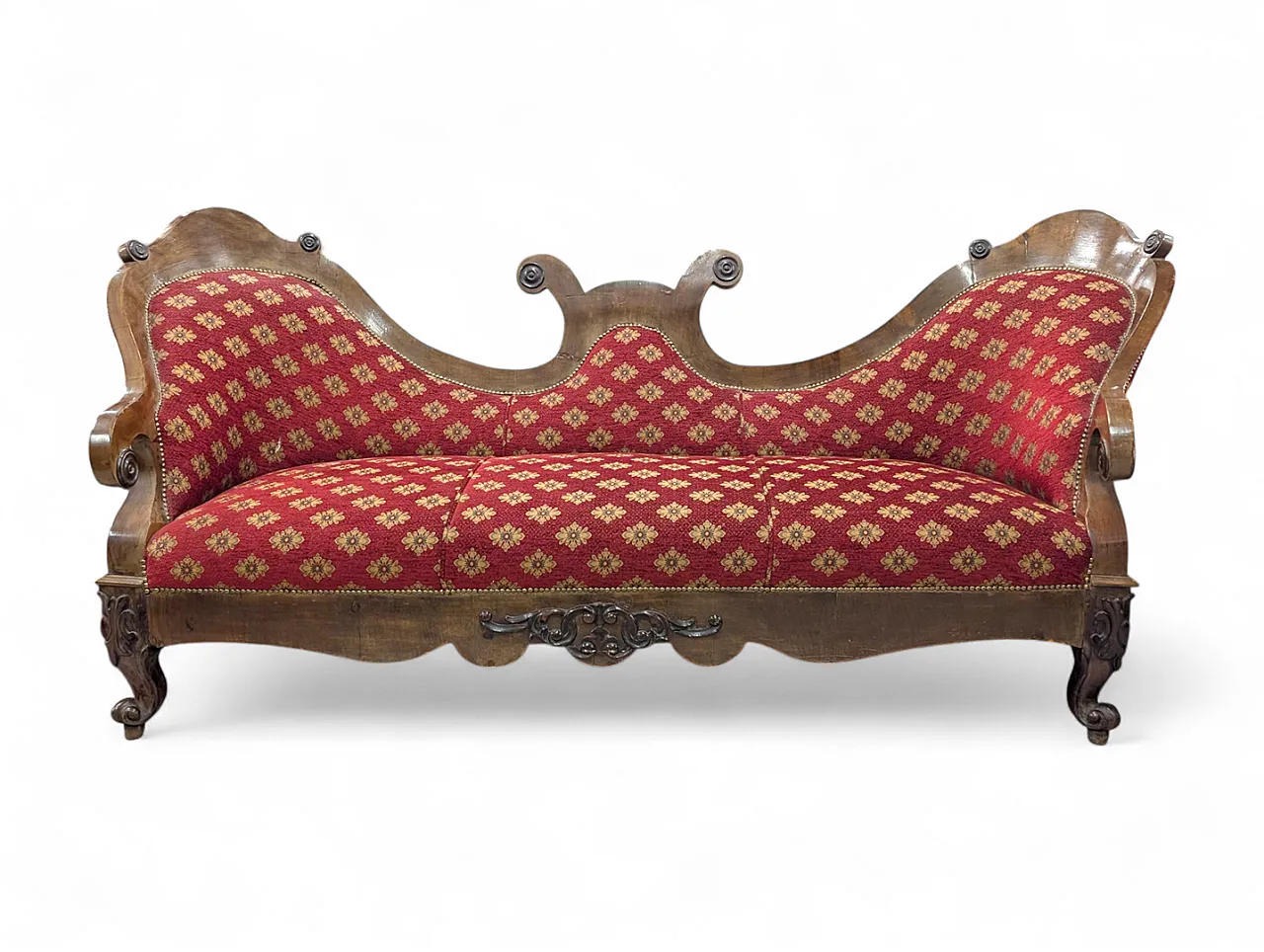 Divano in noce e tessuto rosso 3 posti, stile Neoclassico, '800 1