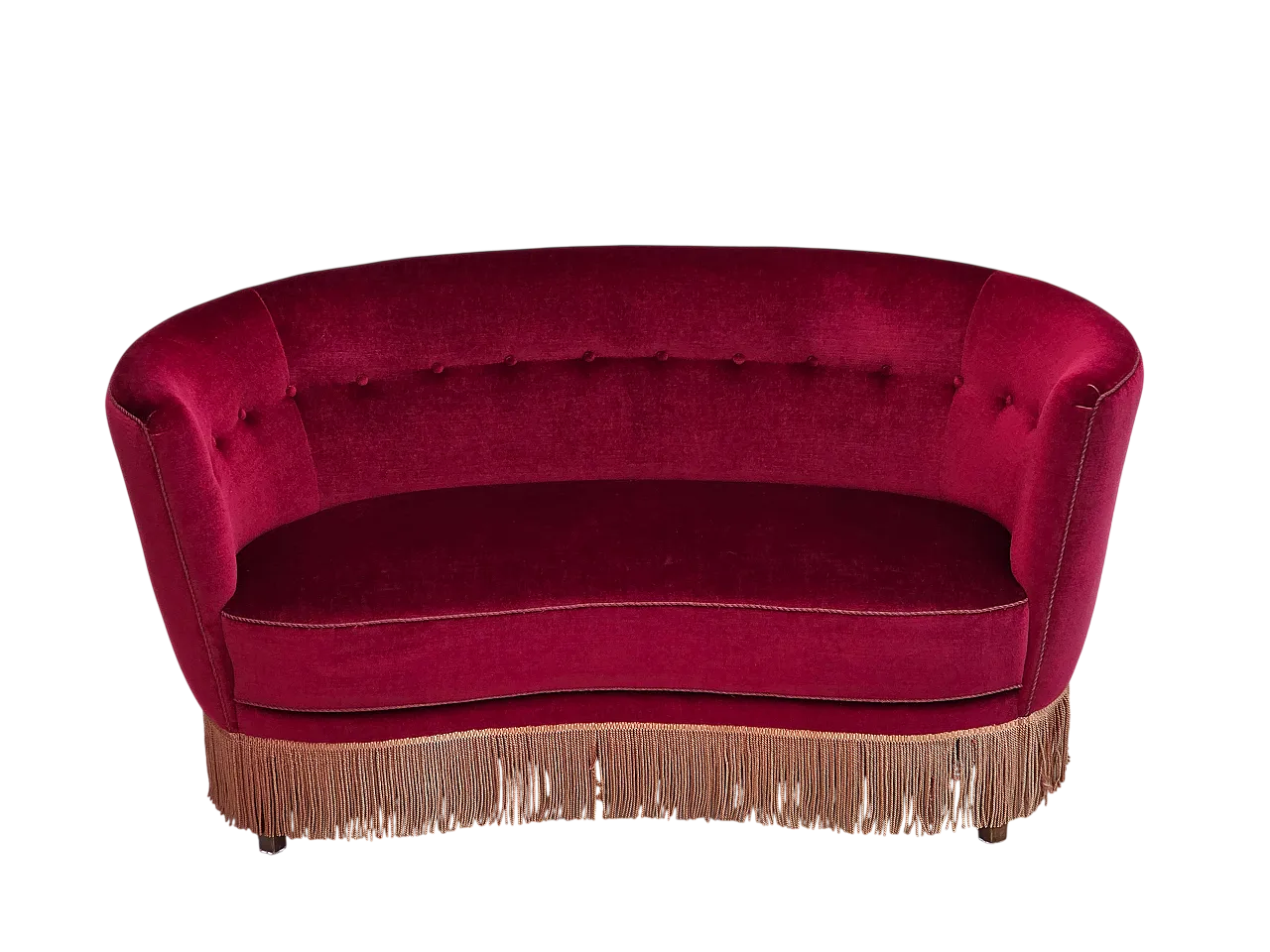 Danish 2-seater curved sofa, red velour, beech wood, 1970s 19