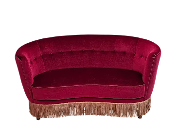 Danish 2-seater curved sofa, red velour, beech wood, 1970s
