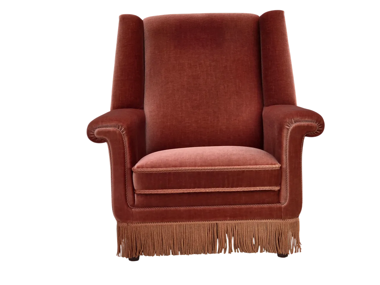 Poltrona danese con schienale alto in velluto rosa salmone, anni '70 18