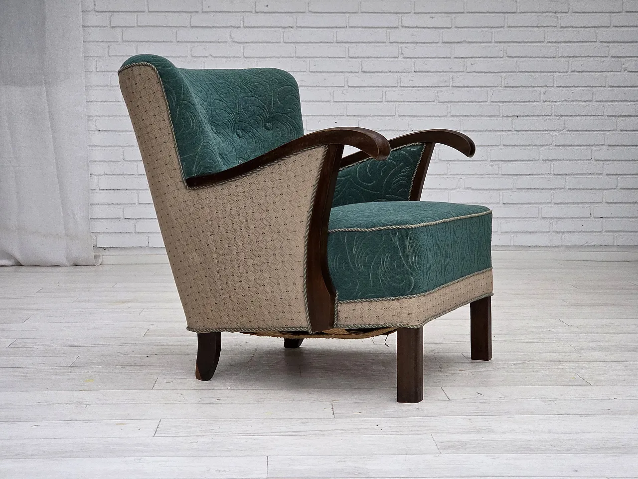 Danish armchair green beige wool, 1950s 1