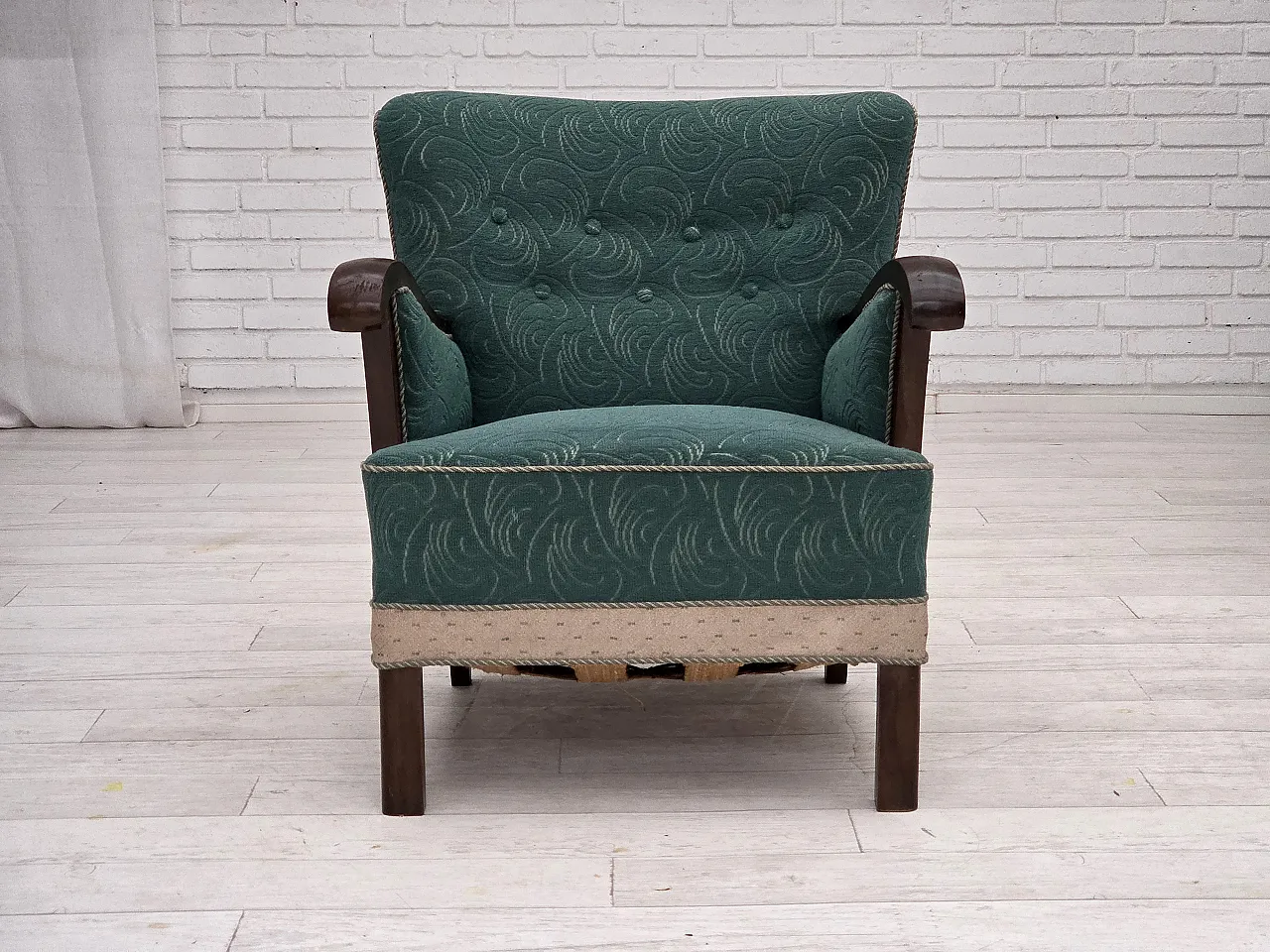 Danish armchair green beige wool, 1950s 6
