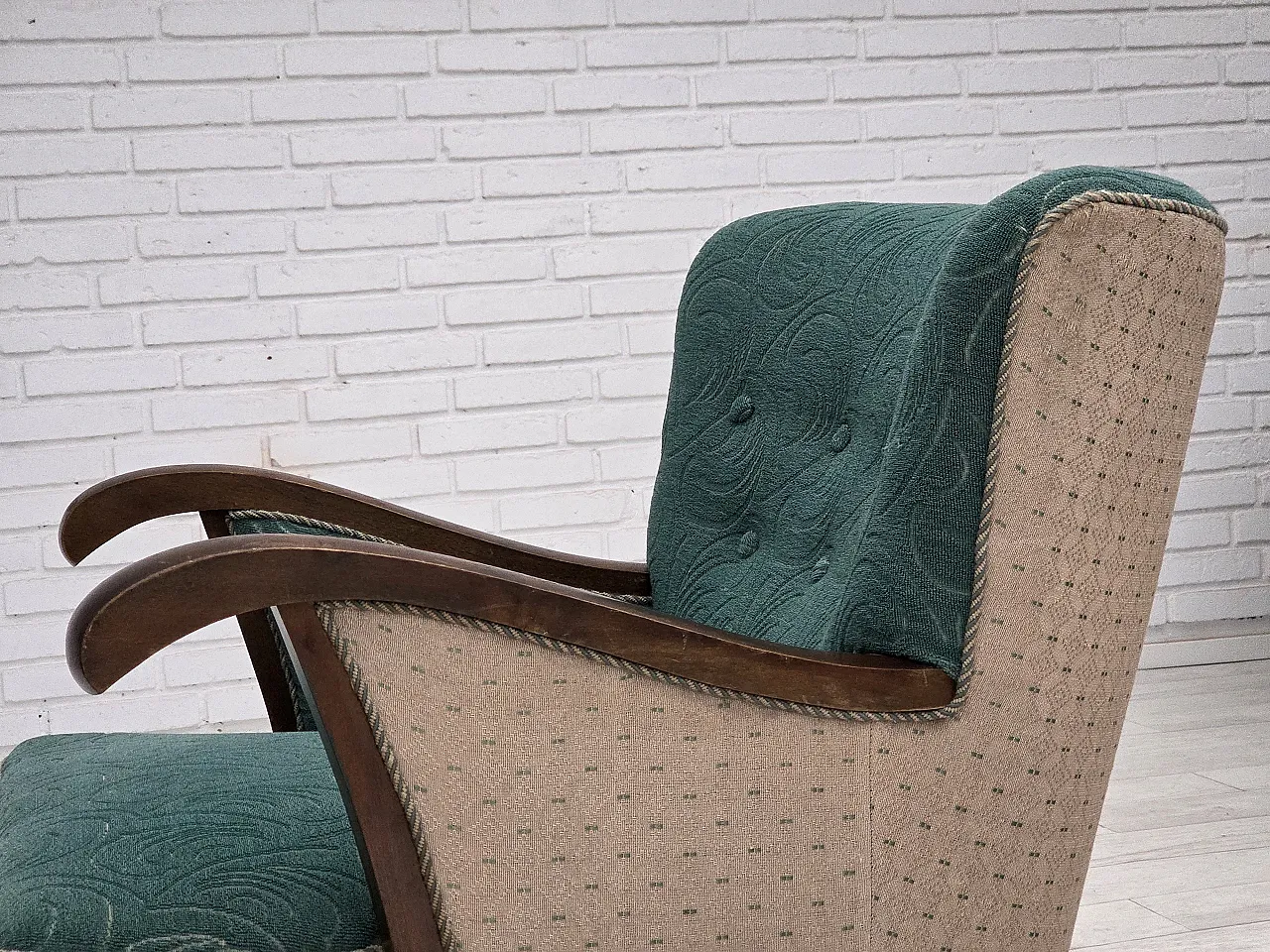 Danish armchair green beige wool, 1950s 14