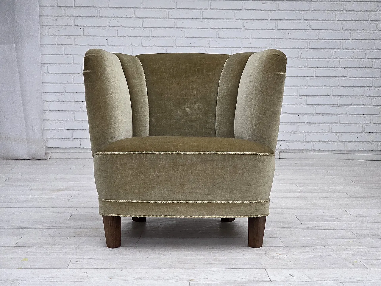 Danish armchair green velour, oak, 1970s 1