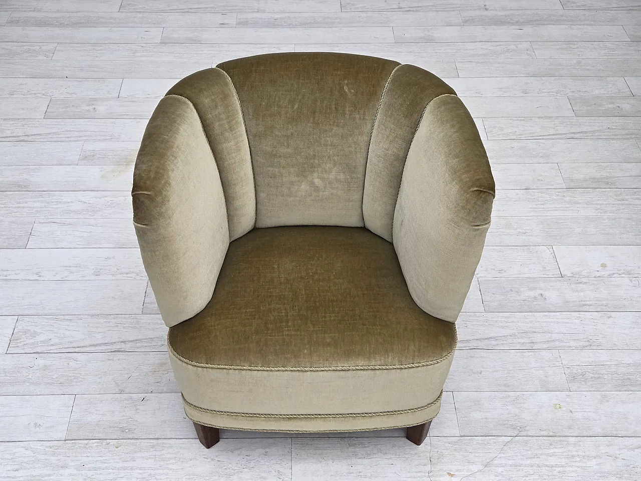 Danish armchair green velour, oak, 1970s 3