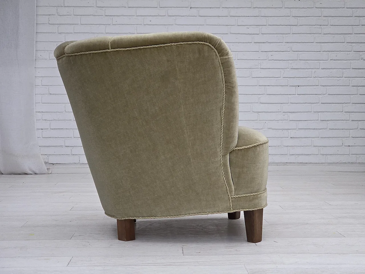 Danish armchair green velour, oak, 1970s 7