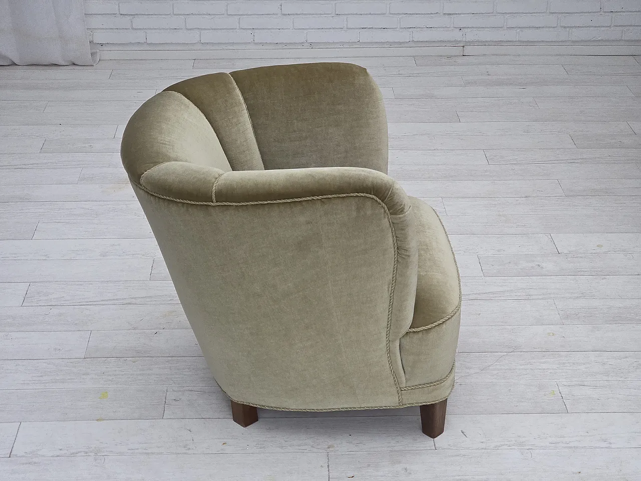 Danish armchair green velour, oak, 1970s 8