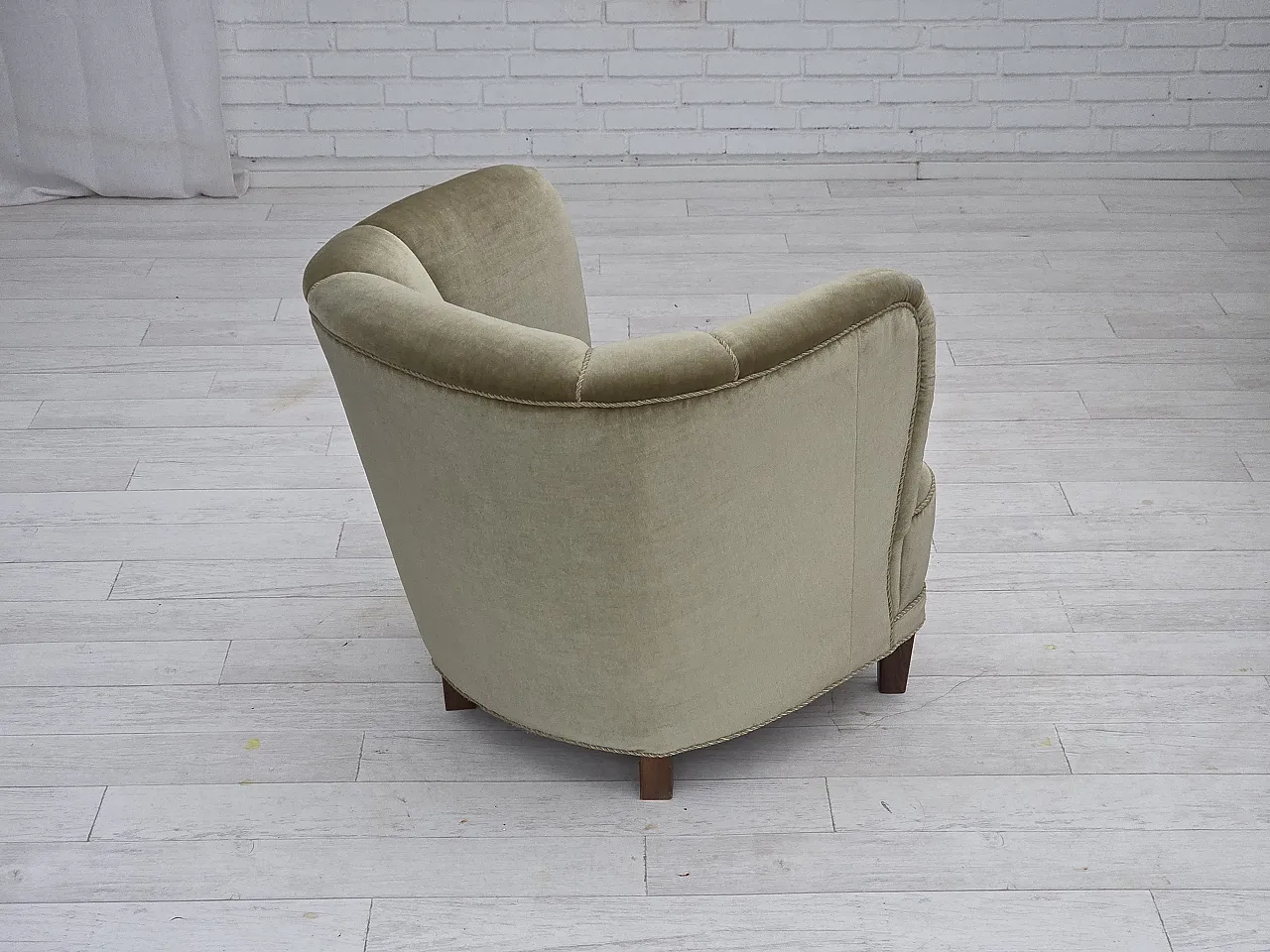 Danish armchair green velour, oak, 1970s 9