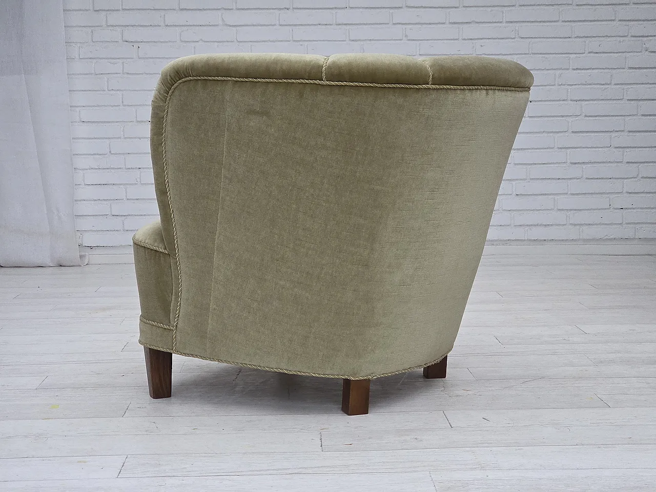 Danish armchair green velour, oak, 1970s 13
