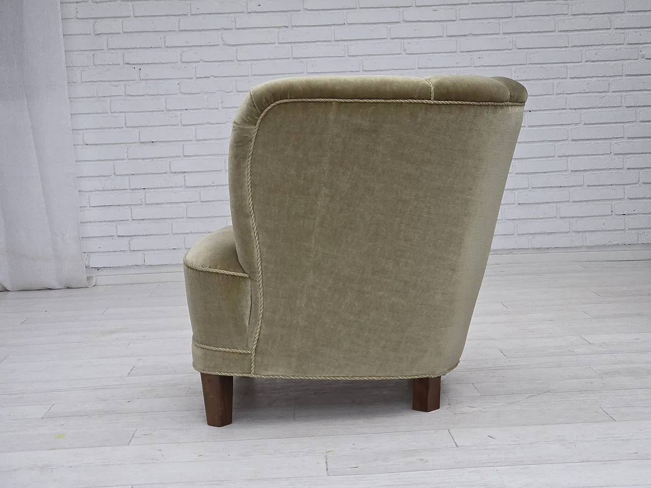 Danish armchair green velour, oak, 1970s 14