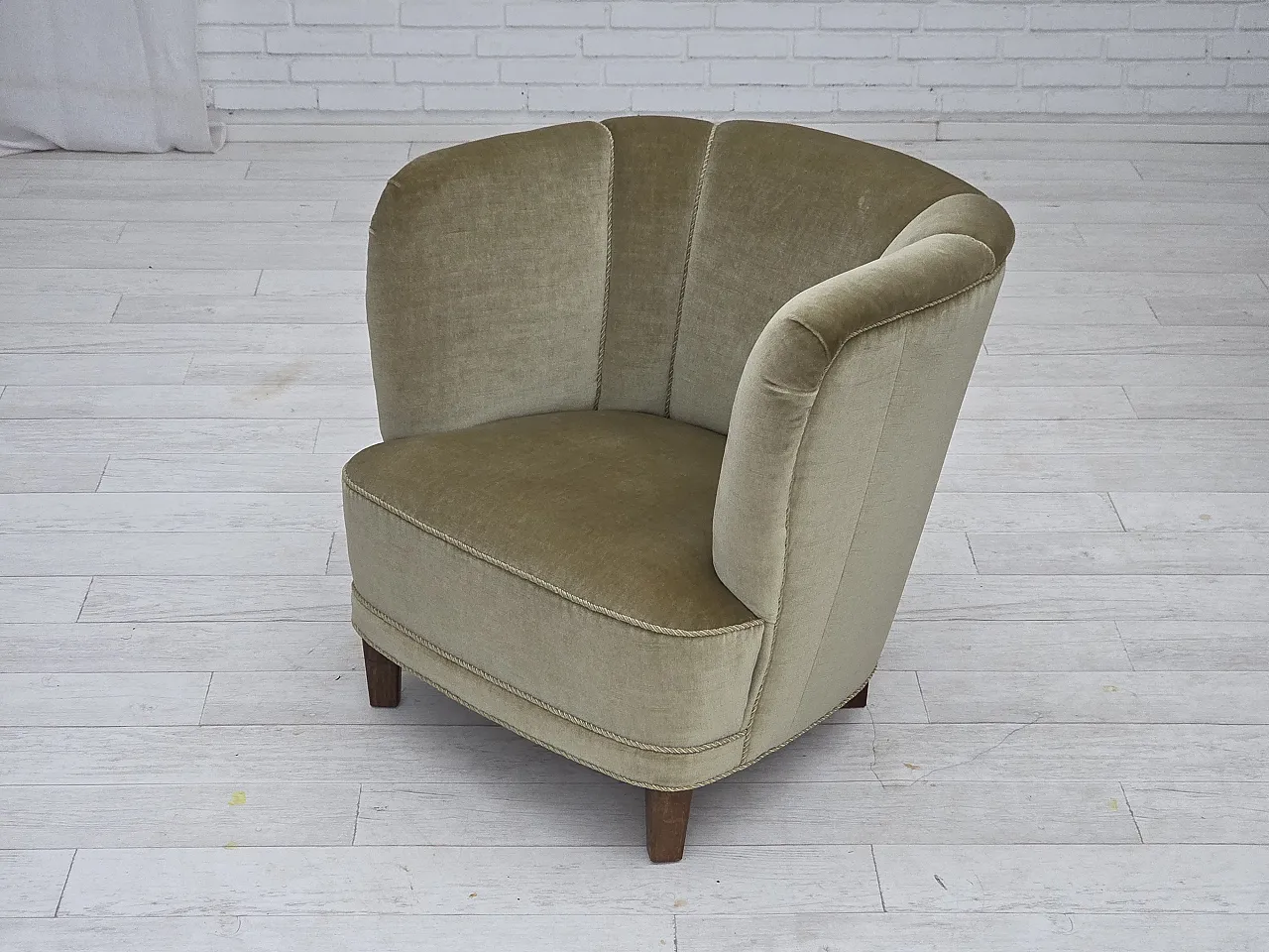 Danish armchair green velour, oak, 1970s 15