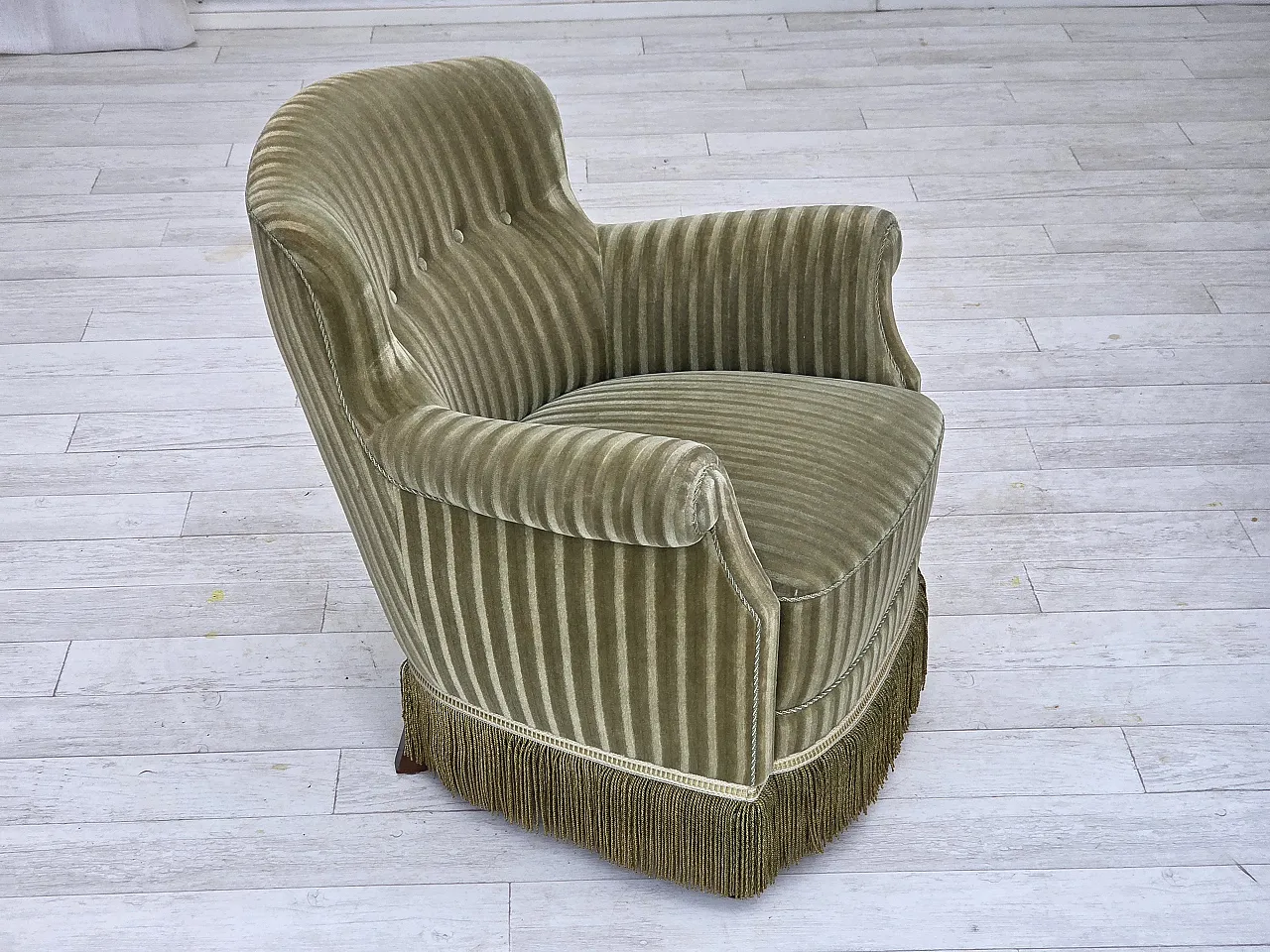 Danish armchair striped furniture velour, beech wood, 1960s 7