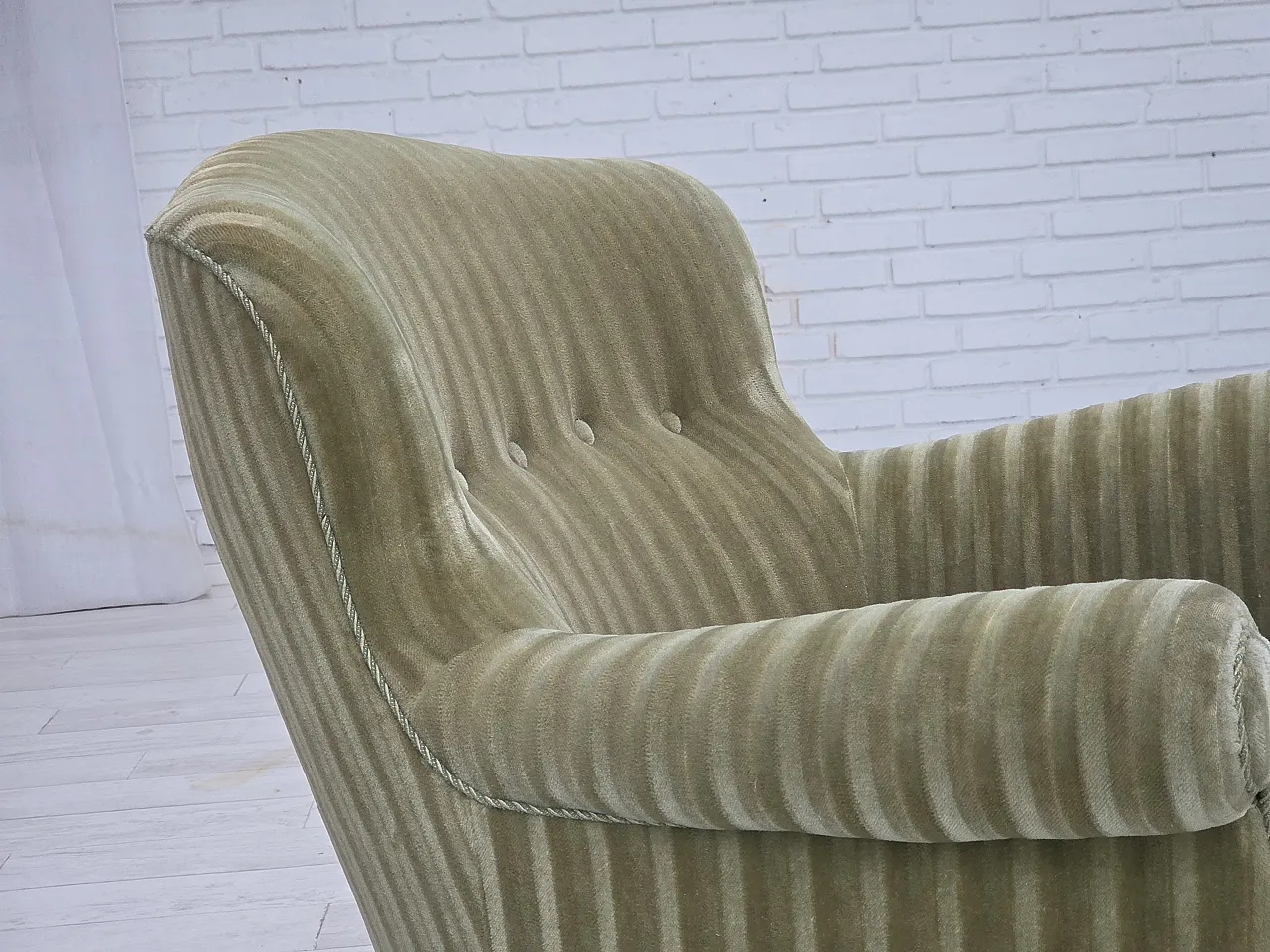 Danish armchair striped furniture velour, beech wood, 1960s 9