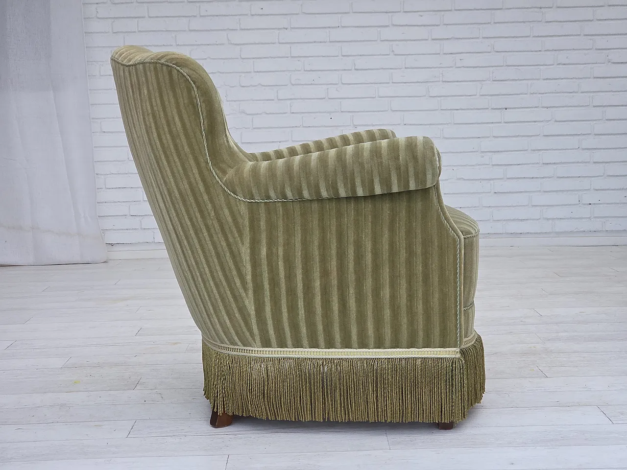 Danish armchair striped furniture velour, beech wood, 1960s 10