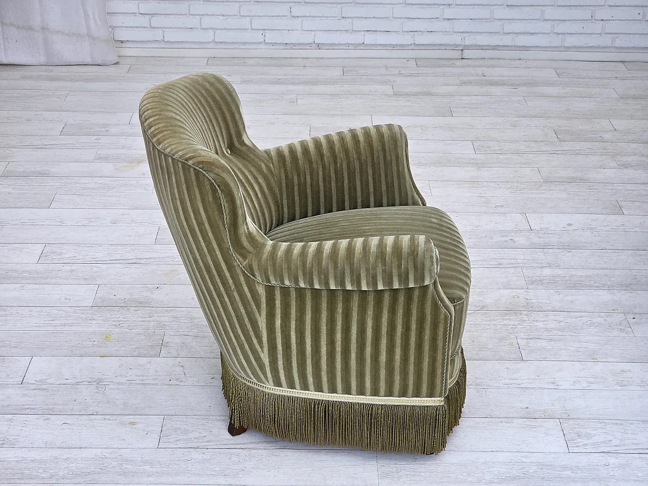 Danish armchair striped furniture velour, beech wood, 1960s 11