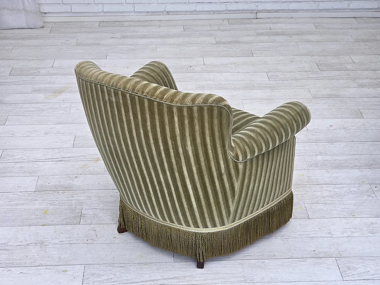 Danish armchair striped furniture velour, beech wood, 1960s 12