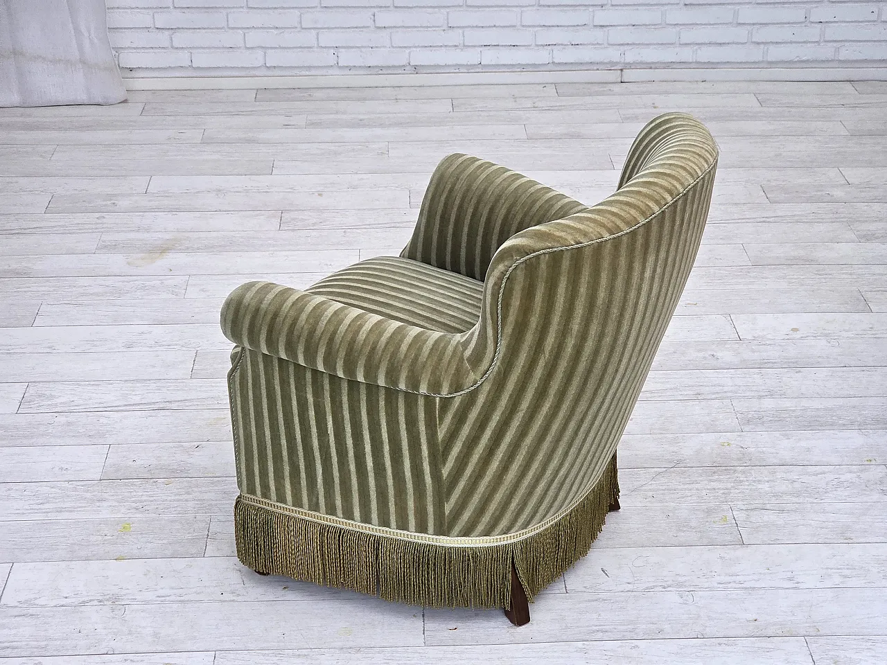 Danish armchair striped furniture velour, beech wood, 1960s 14