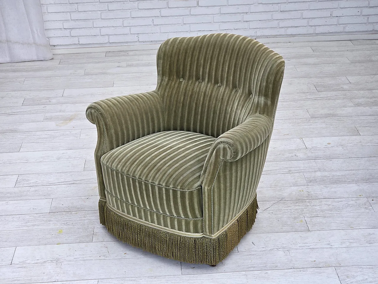 Danish armchair striped furniture velour, beech wood, 1960s 18