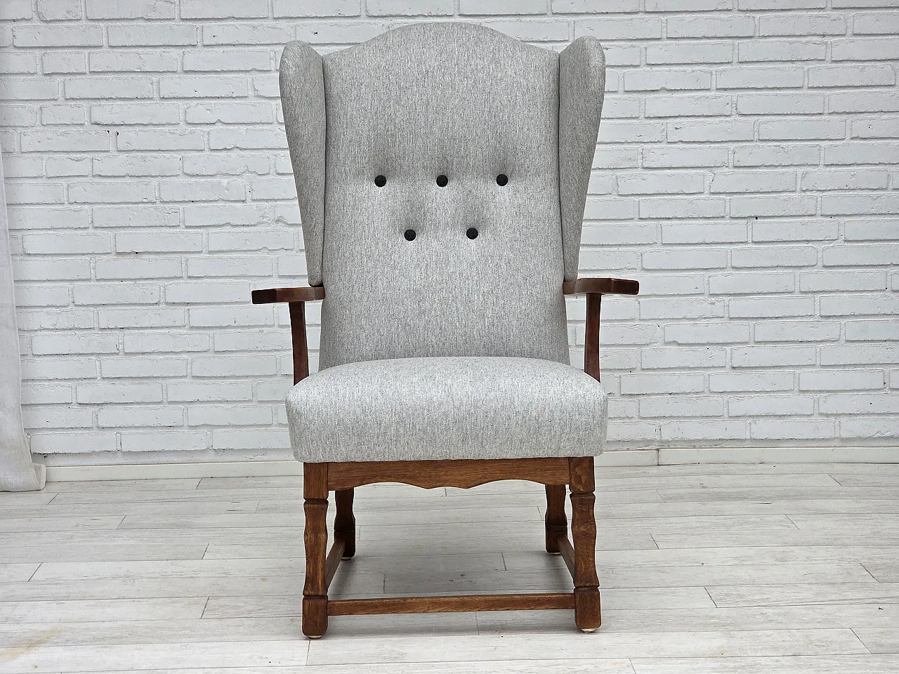 Danish high-backed armchair, wool, oak, 1950s 6