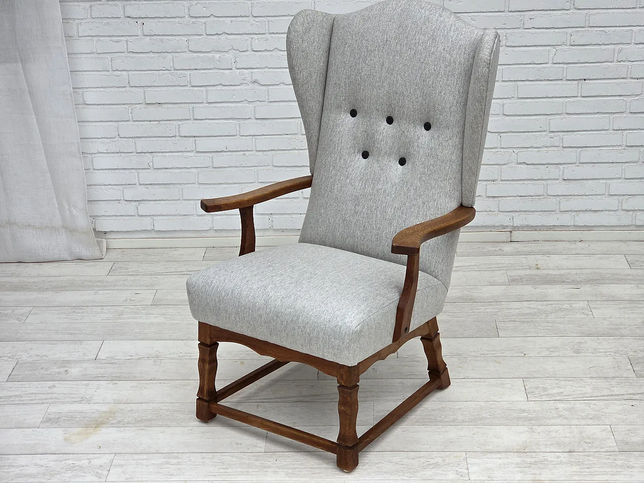Danish high-backed armchair, wool, oak, 1950s 15