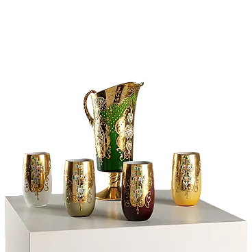 Jug with 4 polychrome glass glasses, 20th century
