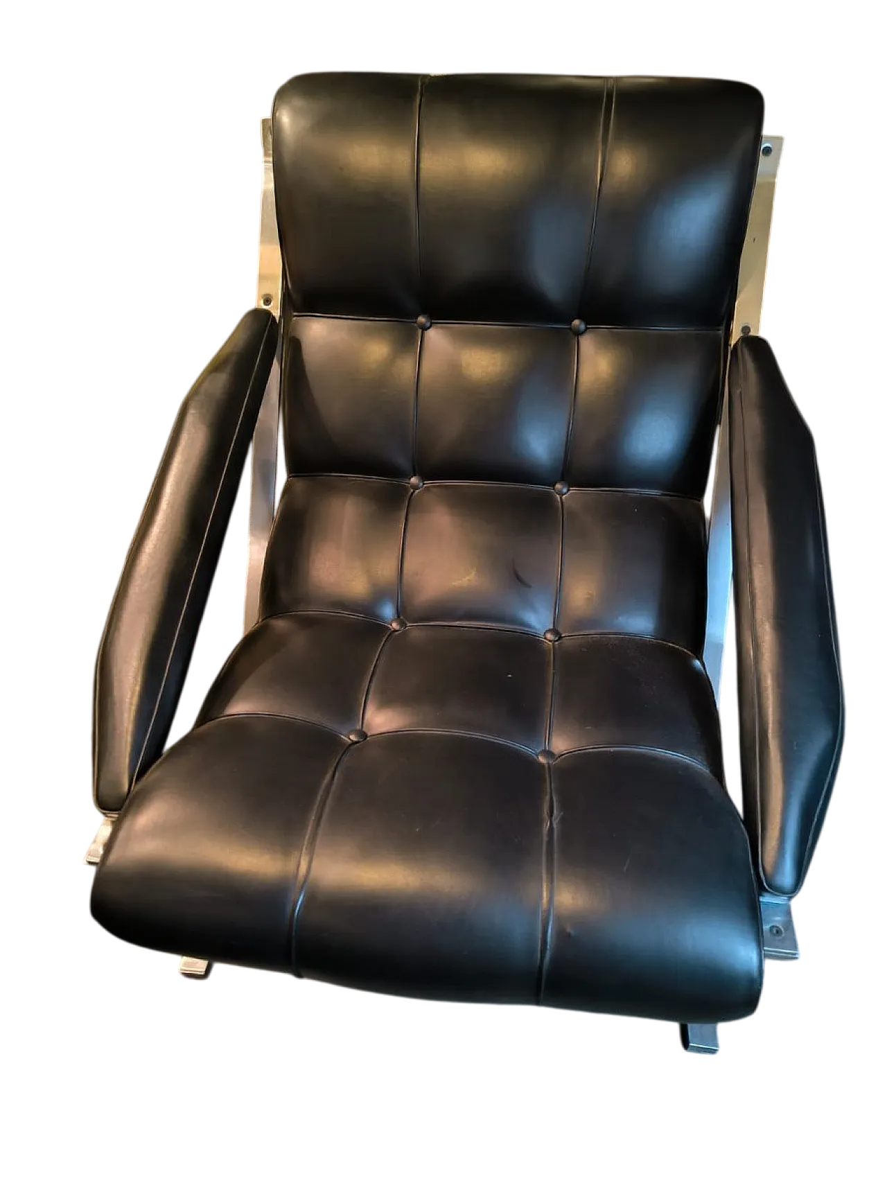 Sedia lounge in acciaio con pelle nera, anni '70 12