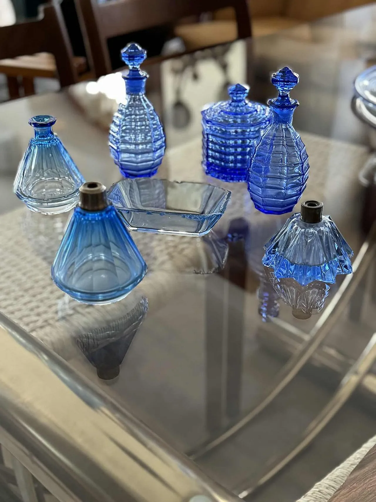 7 Pressed glass perfume bottles and powder jar, 1940s 1