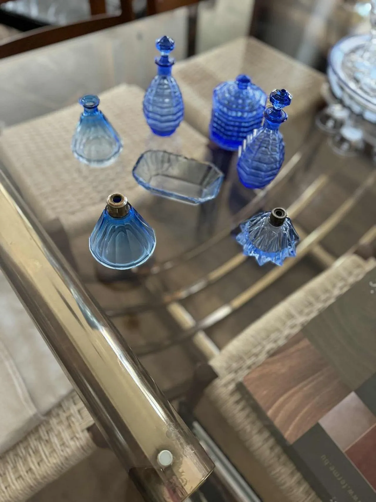 7 Pressed glass perfume bottles and powder jar, 1940s 2