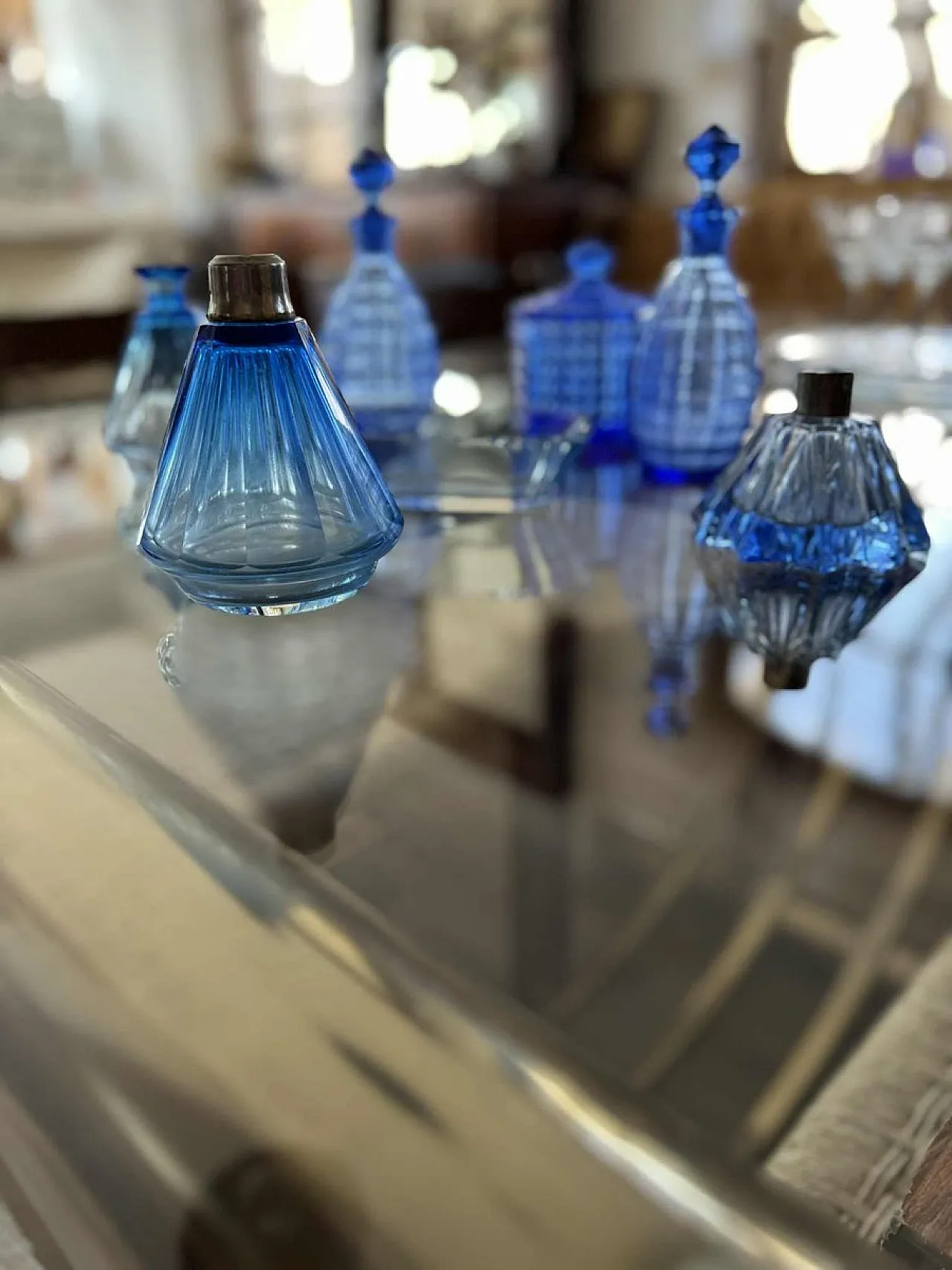 7 Pressed glass perfume bottles and powder jar, 1940s 3