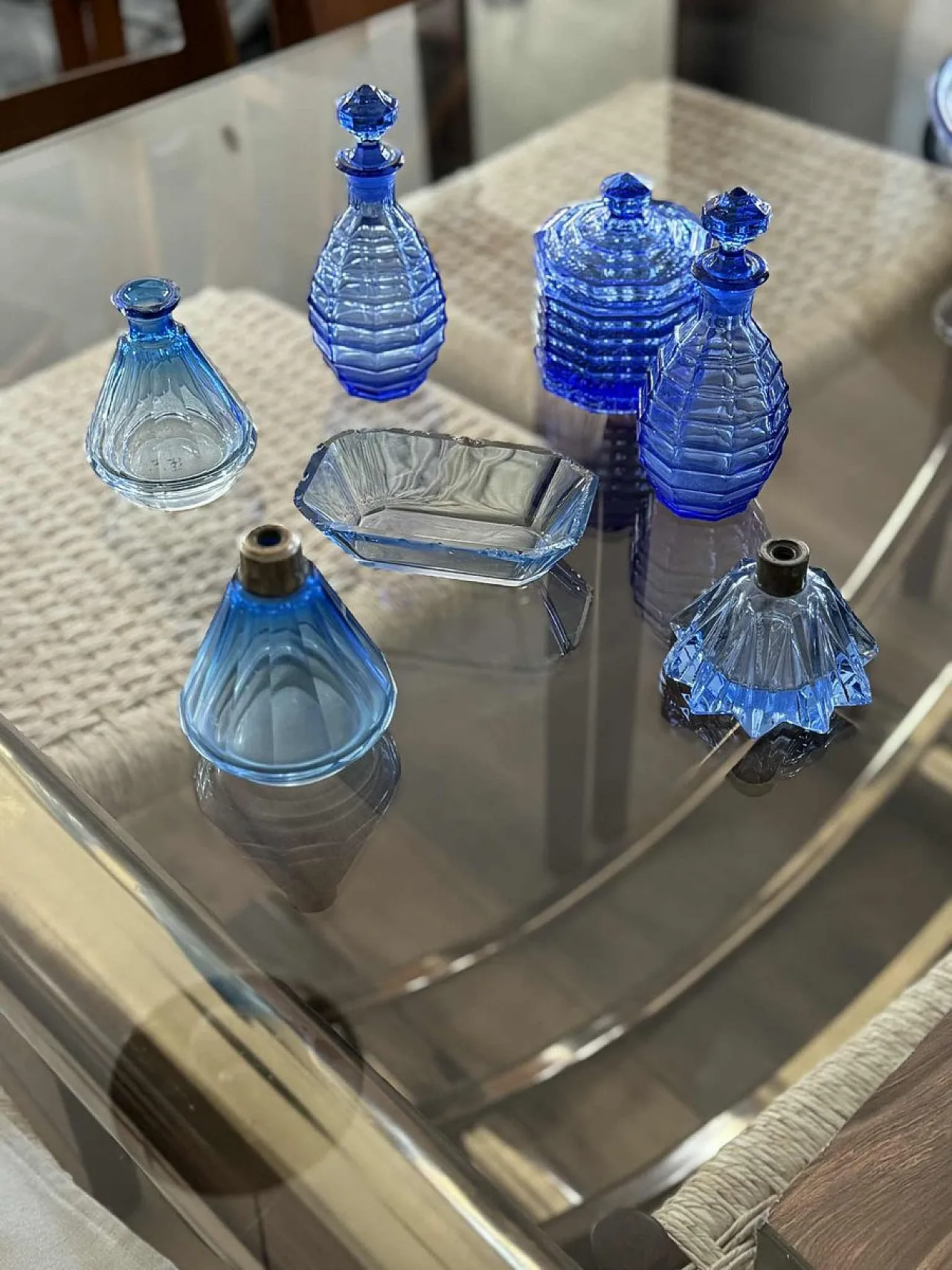 7 Pressed glass perfume bottles and powder jar, 1940s 4